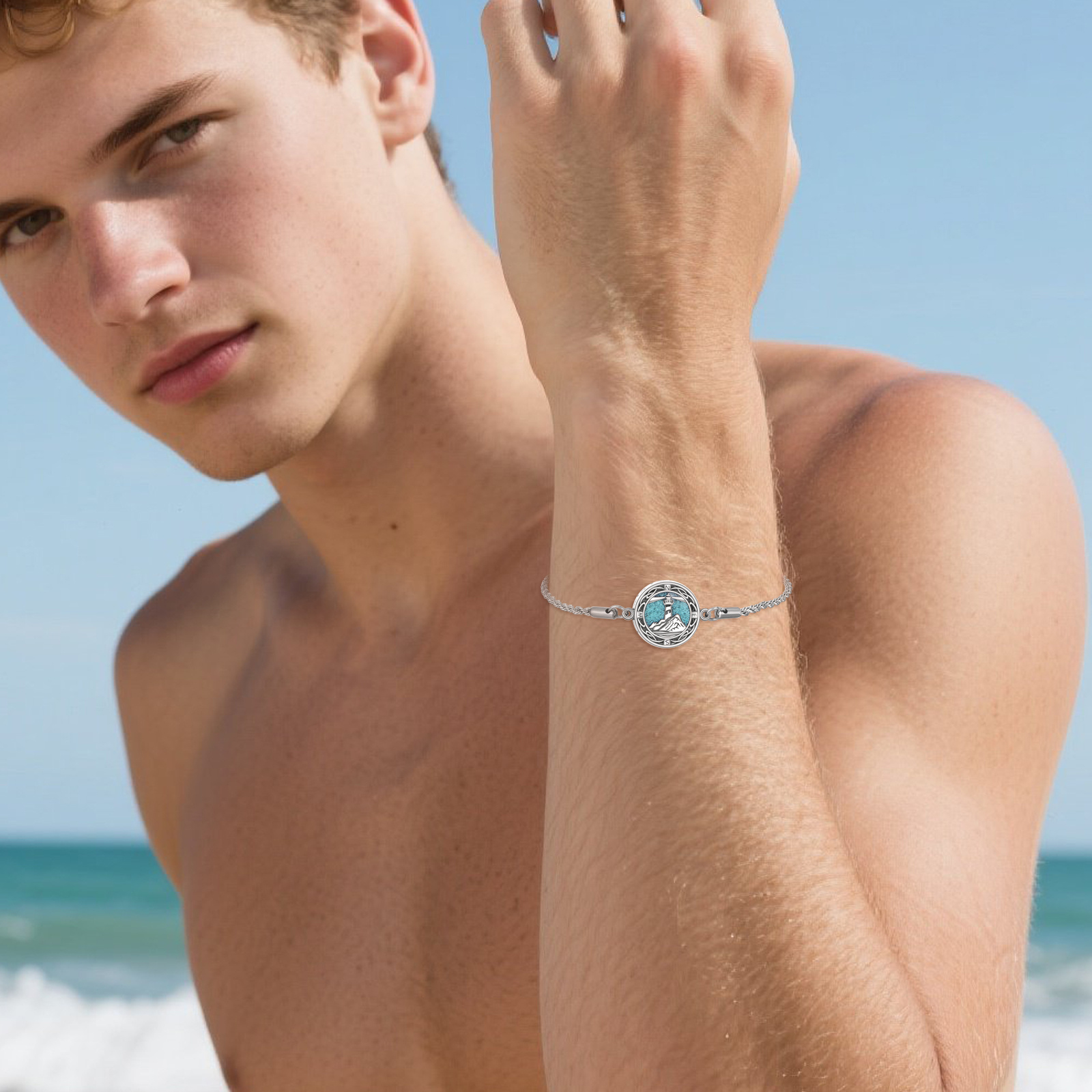 925 Sterling Silver Lighthouse Urn Bracelet with Synthetic Turquoise